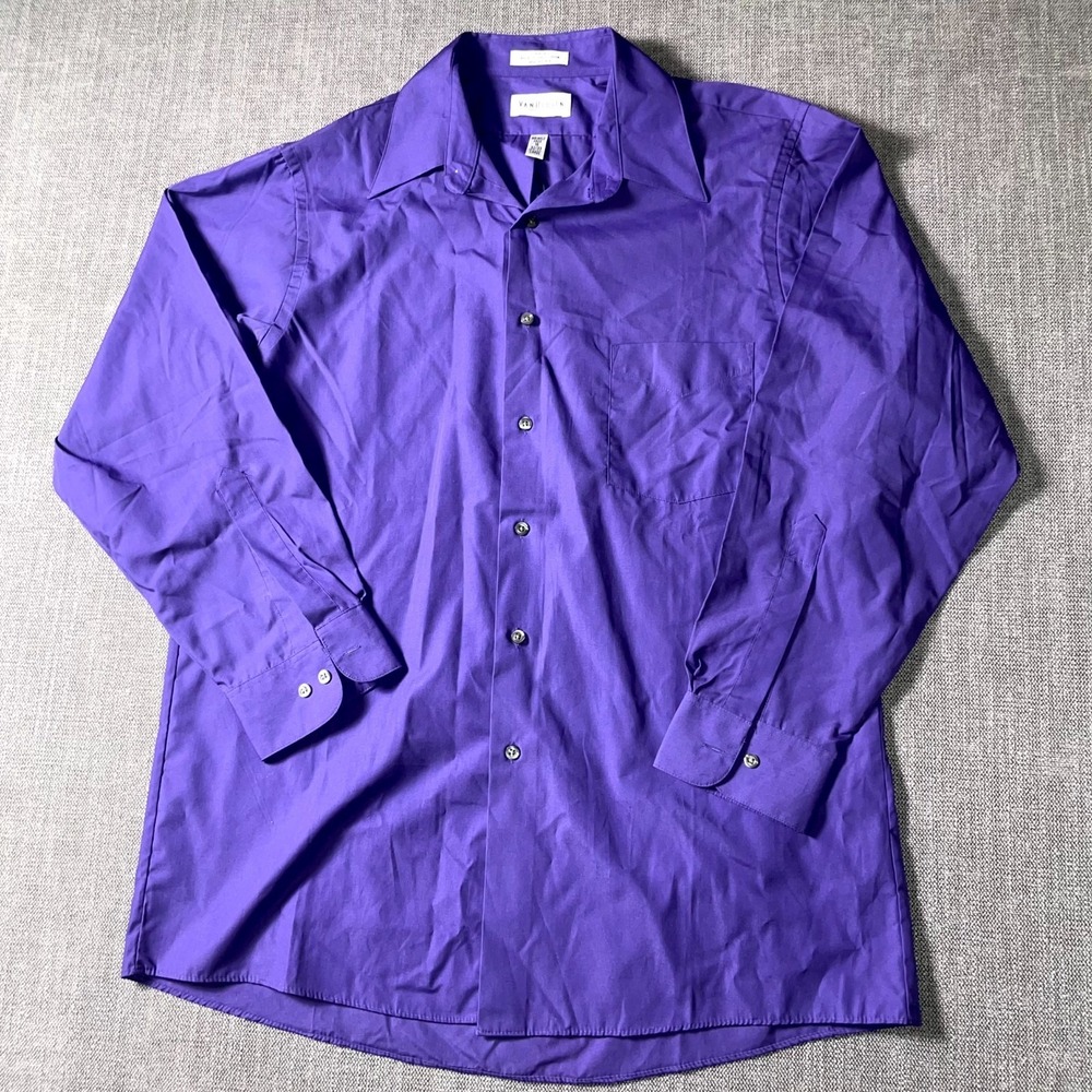 Van Heusen Dress Shirt Mens 16 Blue Cotton Poplin Pleated Formal Wrinkle Free